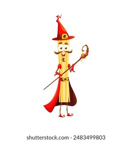 Caricatura de Halloween italiano pastas personaje del mago. Espagueti de Vector aislado con un espeluznante giro de Hallowmas. Personaje divertido macarrones con sombrero rojo clásico y capa que sostiene el personal mágico