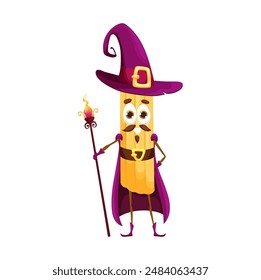 Cartoon Halloween italian pasta wizard character. Isolated vector penne in hat and robe, holding staff, casting spells, adding magic to spooky season, and celebrating holiday with humor and creativity