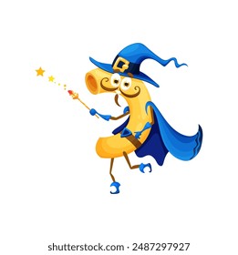 Caricatura de Halloween italiano pastas personaje del mago. Los personajes aislados de los macarrones de Vector usan sombrero y capa puntiagudos azules usando el poder de la brujería para crear platos espeluznantes y lanzar hechizos de sabor y sabor