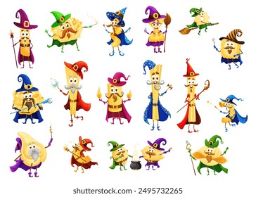 Cartoon halloween italian pasta wizard, mage and witch characters. Spaghetti, conchiglie, farfalle, maccheroni and tortellini, cannelloni, stelle pasta sorcerer cheerful vector personages with scepter