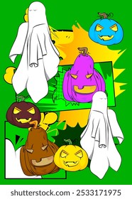 Cartoon Halloween Jack O' Lanterna Abóbora e Fantasma, história em quadrinhos Spooky Convite. Quadrinhos vetoriais retrô com design de arte pop.