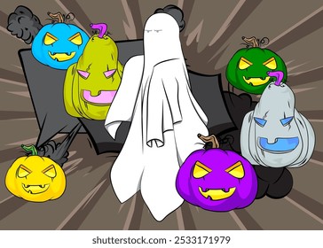 Cartoon Halloween Jack O' Lanterna Abóbora e Fantasma, história em quadrinhos Spooky Convite. Quadrinhos vetoriais retrô com design de arte pop.