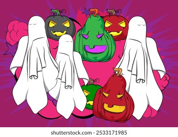 Cartoon Halloween Jack O' Lanterna Abóbora e Fantasma, história em quadrinhos Spooky Convite. Quadrinhos vetoriais retrô com design de arte pop.