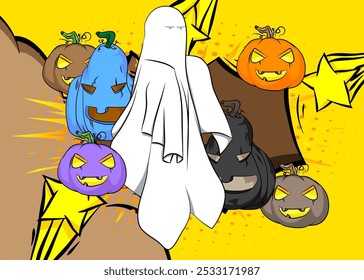 Cartoon Halloween Jack O' Lanterna Abóbora e Fantasma, história em quadrinhos Spooky Convite. Quadrinhos vetoriais retrô com design de arte pop.