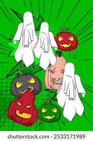 Cartoon Halloween Jack O' Lanterna Abóbora e Fantasma, história em quadrinhos Spooky Convite. Quadrinhos vetoriais retrô com design de arte pop.