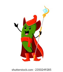 Cartoon Halloween jalapeno, guindilla or green chili pepper wizard or mage character. Isolated vector sorcerer personage with a staff, casting spicy spells and conjuring up sizzling magic concoctions