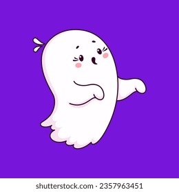 Cartoon Halloween kawaii cute ghost character with mischievous face and raised arms playfully saying boo, while trying to frighten. Vector charming, spooky and adorable spirit flying at holiday night