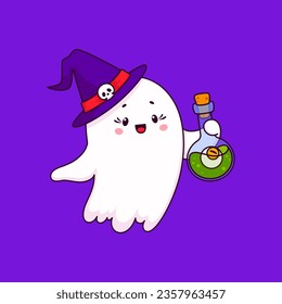 Cartoon halloween kawaii cute ghost character donning a witch hat playfully holds a potion flask. Adorable vector spook exuding a charming and whimsical aura that captures the spirit of holiday