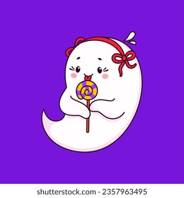 Cartoon Halloween kawaii cute ghost character licking a lollipop, featuring a friendly smile and playful eyes. Isolated vector adorable phantom with playful floating appearance enjoying spooky season