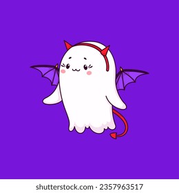 Cartoon Halloween kawaii cute ghost character dons devil horns, wings and a playful tail for a whimsical party look. Adorable vector spook combining funny elements for a charming and unique costume