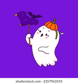 Cartoon Halloween kawaii cute ghost character with boo banner and pumpkin headwear. Isolated vector adorable baby spook with rosy cheeks and a playful expression radiating a charming and friendly aura