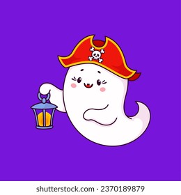 Cartoon Halloween kawaii cute ghost pirate character. Funny filibuster spirit vector personage, Halloween holiday cheerful ghost or kawaii spirit in pirate hat with lantern