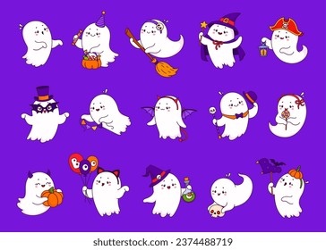 Cartoon Halloween kawaii cute ghost monster characters. Witch, sorcerer and pirate Halloween holiday cheerful monsters personages. Cute ghosts vector characters with broom, magic potion and candies