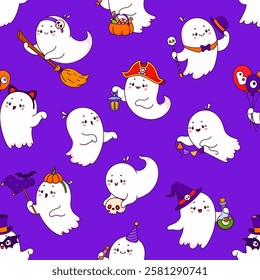 Cartoon Halloween kawaii cute ghosts seamless pattern. Vector wallpaper or tile background with adorable baby spooks wear witch hat, holding broomstick and pumpkin, lantern or garland holiday decor