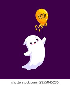 Cartoon Halloween kawaii ghost with boo balloon, holiday funny cute vector character. Halloween holiday emoji cute ghost with boo balloon kids Halloween trick or treat party celebration