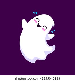 Cartoon Halloween kawaii ghost character laughing, boo emoji for holiday horror night, vector emoticon. Funny cute white ghost laughing to tears for kids Halloween trick or treat spooky holiday