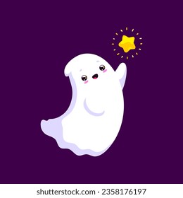 Cartoon Halloween kawaii Geist Charakter erobert freudig den Stern. Einziger, liebenswerter und bezaubernder Babyspook nach Traum, vermischt spektralen Charme und Himmelsverspieltheit auf skurrile Weise