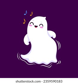 Cartoon Halloween kawaii ghost character dancing with playful moves, wearing a charming smile. Isolated vector cute and adorable white spook adds a delightful and whimsical touch to festive atmosphere