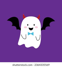 Cartoon Halloween kawaii ghost character dons cute devil horns, wings and a playful bow tie for a whimsical party look. Adorable vector spook combining funny elements for a charming and unique costume