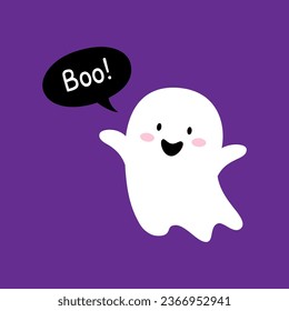 Cartoon Halloween kawaii ghost character with cute mischievous face and raised arms saying boo, while trying to playfully frighten. Vector charming, spooky and adorable spirit flying at holiday night