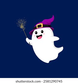 Cartoon Halloween kawaii ghost character donning a charming witch hat and casting spell with the wand. Adorable vector spirit wizard personage exuding delightful mix of magic, spookiness and cuteness