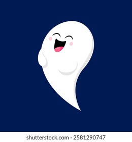 Cartoon Halloween kawaii ghost character laughing with cheerful face expression, and wide open mouth. Isolated cute vector baby spook, white phantom personage captures festive spirit of the season