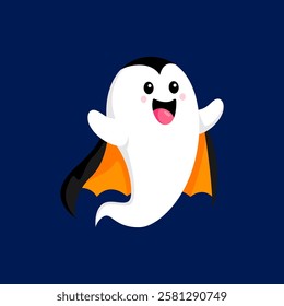 Cartoon Halloween kawaii ghost character dons a cute vampire costume with black and orange cape, participate in trick or treat party, blending playful spooky and adorable ensemble for celebration