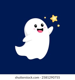 Cartoon Halloween kawaii ghost character captures the star. Isolated vector lovable and adorable baby spook joyfully stretching arm to the twinkle, following the dream, blending charm and playfulness