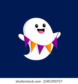 Cartoon Halloween kawaii ghost character with festive flag garland. Isolated cute and adorable spirit personage adding a charming and spooky touch to holiday, creating a whimsical seasonal atmosphere