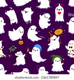 Cartoon Halloween kawaii ghost characters seamless pattern, vector background. Halloween holiday pattern with cute cheerful ghosts and happy smiling boo ghouls for trick or treat party with candles