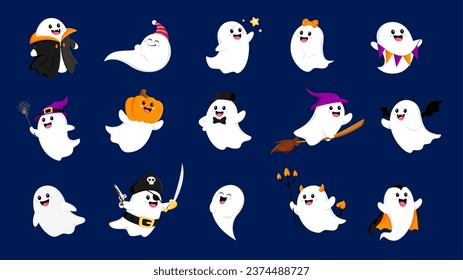 Cartoon Halloween kawaii ghost characters or funny boo poltergeist, vector holiday icons. Halloween horror night spooky cute ghosts with pumpkin head, pirate or vampire Dracula, witch or devil costume