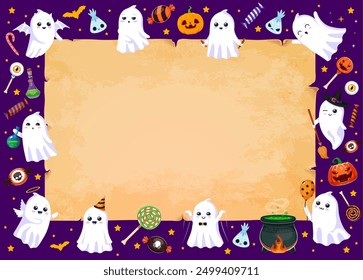 Cartoon Halloween kawaii ghost characters and vintage manuscript scroll. October celebration, fall season festive vector background, happy Halloween backdrop with cute ghosts, candies and magic potion