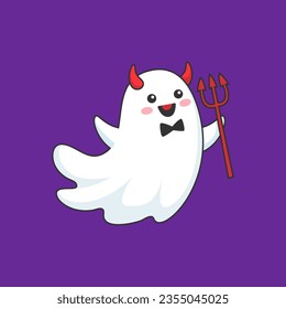 Cartoon Halloween kawaii ghost devil, horror holiday funny cute boo vector character. Halloween trick or treat party cheerful ghost with devil horns and trident, kids kawaii poltergeist for Halloween