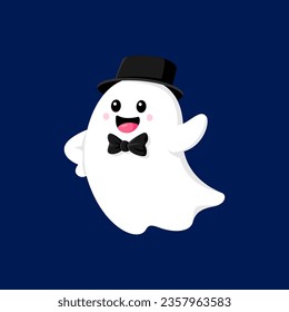 Cartoon Halloween kawaii ghost in hat and bow tie, horror night holiday vector character. Flying funny Halloween boo ghost in gentlemen hat as entertainer for trick or treat party celebration