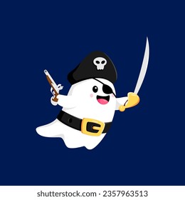 Cartoon Halloween kawaii ghost pirate character for horror holiday, vector funny boo poltergeist. Halloween spooky carnival celebration cartoon character of flying ghost pirate with gunshot and sword