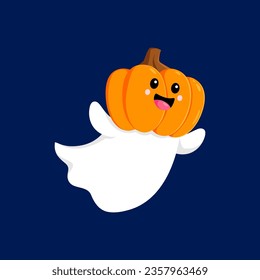 Cartoon Halloween kawaii ghost with pumpkin mask on head, vector funny boo character. Halloween horror holiday and trick or treat party funny cheerful cute ghost with scary pumpkin for kids event