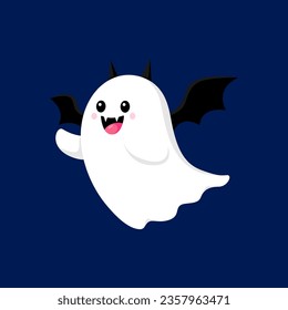 Cartoon Halloween kawaii ghost vampire with bat wings for holiday vector funny character. Halloween horror holiday and trick or treat party cheerful boo or cute ghost with creepy vampire fangs