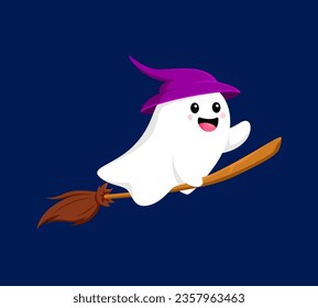 Cartoon Halloween kawaii ghost witch on broom character for horror holiday, vector funny poltergeist. Halloween spooky carnival celebration cartoon character of flying ghost in witch hat on broomstick