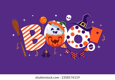 Cartoon Halloween kawaii ghosts with boo holiday quote, vector banner background. Halloween greeting card and trick or treat party poster with funny ghost in pumpkin, witch hat and skull with spider