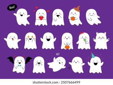 Personajes de fantasmas kawaii de Halloween de dibujos animados. Monstruos lindos de Halloween personajes de Vector con calabazas, sombrero de bruja, cara de gato y corazones, alas de murciélago vampiro Drácula, cuernos del diablo y caramelos de truco o trato