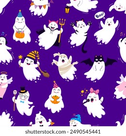 Cartoon Halloween Kawaii Geister nahtlose Muster. Halloween Feiertag Nacht Monster Figuren Vektorgrafik Hintergrund. Nette Geister mit Trick oder Kürbis tragen Hexe, Fledermaus, Vampir und Mumie Kostüme