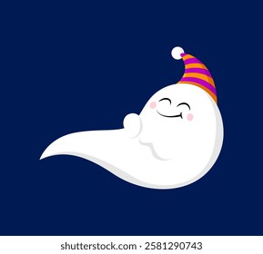 Cartoon Halloween kawaii sleeping ghost character. Isolated vector charming, little spook peacefully slumbers, adorned in a cozy nightcap, peacefully resting with smiling face on a tranquil night