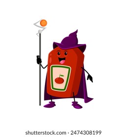 Cartoon Halloween ketchup bottle fast food mage, wizard and witch character. Isolated vector whimsical personage with a robe, staff and pointy hat, casting condiment spells to flavor up spooky dishes