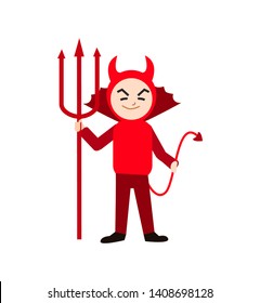 Cartoon Halloween Kid Costume Red Devil Flat Design Style. Vector illustration