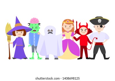 Cartoon Halloween Kids Costumes Group or Crowd Include of Witch, Monster, Devil,Ghost and Fairy Flat Design Style. Vector illustration