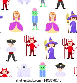 Cartoon Halloween Kids Costumes Seamless Pattern Background on a White Include of Witch, Monster, Devil,Ghost and Fairy Flat Design Style. Vector illustration