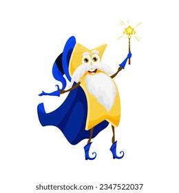 Cartoon Halloween korte tagliatelle pasta wizard mage character. Old sorcerer, mage or warlock Italian pasta vector happy personage. Korte tagliatelle magician funny cheerful mascot with magic wand