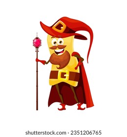 Cartoon Halloween korte tagliatelle pasta wizard character. Italian cuisine gourmet isolated vector warlock personage. Italian restaurant noodle sorcerer cheerful mascot or pasta mage with magic staff