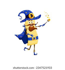 Cartoon Halloween lasagna pasta mage character. Warlock, sorcerer or magician Italian pasta with magic wand comical vector personage. Lasagna meal mage funny mascot or cute character in hat and cape