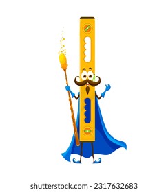 Cartoon Halloween level tool wizard character. Diy instrument hold powerful magic staff. Vector smiling construction or fixing instrument personage dressed in warlock robe celebrate holiday party